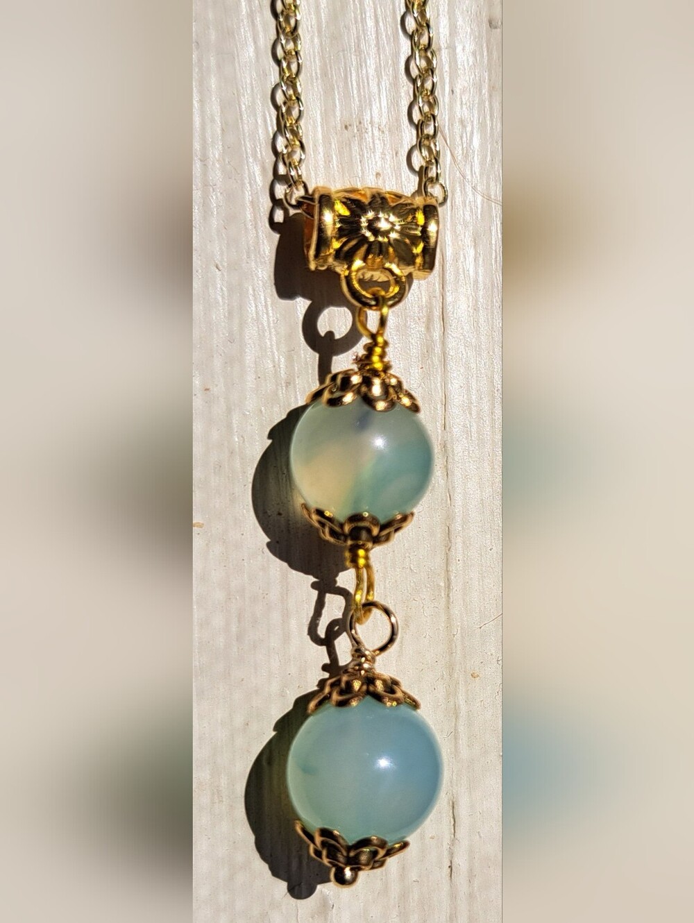 Simply Elegant Hand Crafted 19" Blue Opalite Pendant On 14K Gold Filled Chain